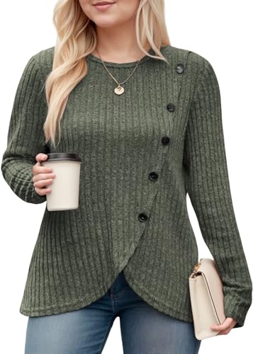 Image of DOLNINE Womens-Plus-Size-Tops Casual Long Sleeve Shirts Trendy Button Side Split Fall Cute Tunic Sweatshirts XL-5XL