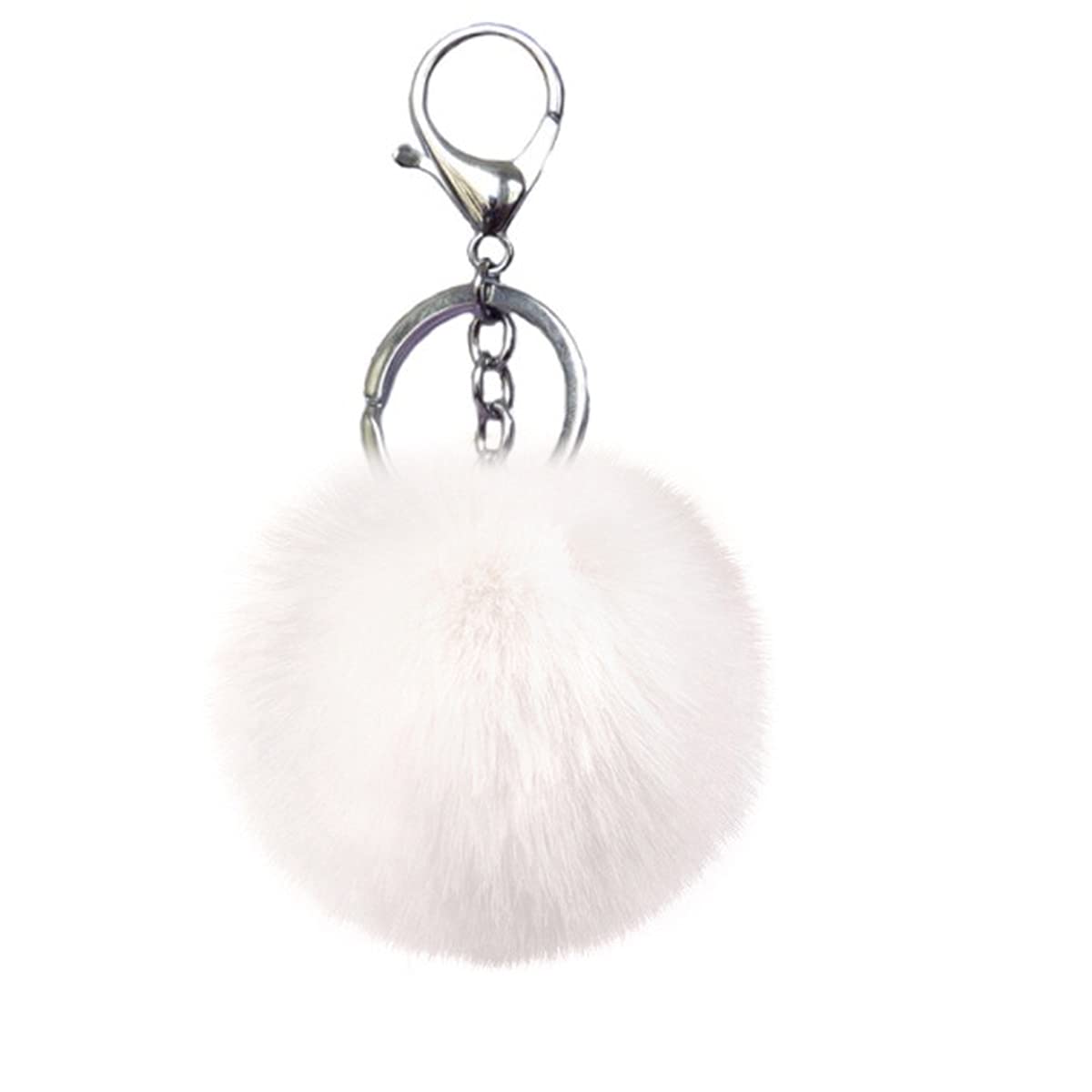 Xsclpomddy Women's White Pom Pom Keychain Artificial Fur Soft Ball Keychains Fluffy Keyring Tote Pendant Car Bag Charm,