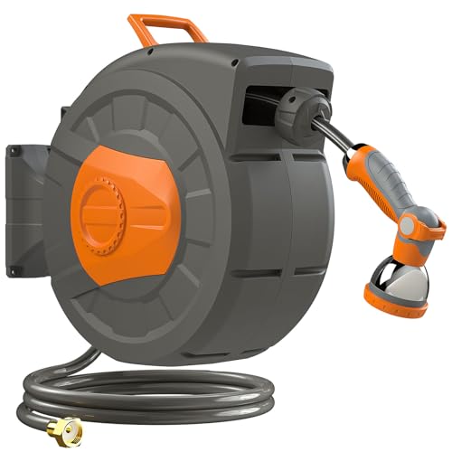 Entgard Retractable Garden Hose Reel 100 FT, 1/2' Heavy Duty Garden Hose 435 PSI Burst Pressure, Wall Mounted Water Hose Reel with 10-Pattern Nozzle, 180° Swivel, Slow Auto Rewind & Any Length Lock