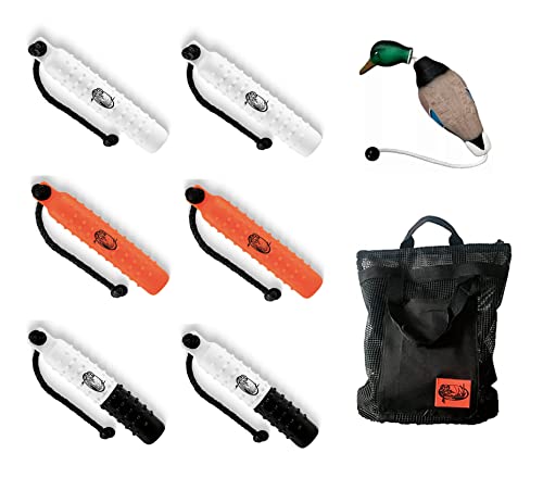 HuntEmUp Tri-Pack (6) 3 inch Plastic Bumpers With Throw Ropes - 2 White, 2 Orange, and 2 B/W - one Mesh Bumper Bag - and one Fowl Dead Mallard Dummy