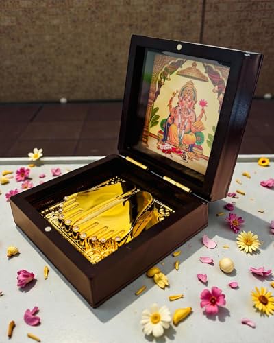 Image of Ganesh Ji Golden Charan Paduka Foldable Mandir | Mini Puja Mandir for Home, Office & Car | Diwali & Ganesh Chaturthi Spiritual Gift | Religious Gift for Mom & Dad (Ganesh Ji)