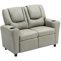 AVAWING Double Toddler Recliner Chair, Kids Couch with Cup Holders, Faux Leather Kids Recliner, Loveseat Sofa w/Adjustable Footrest & Headrest for Boys and Girls Age 1-4, Grey
