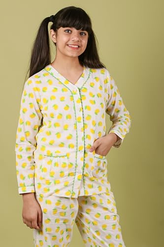 Image of Tweeny Mini Kids Girls Pure Rayon Night Suit | Sleepwear| Night Wear | Nightdress | Top Shirt & Pyjama Combo Set Floral Printed with Pockets Full Sleeves