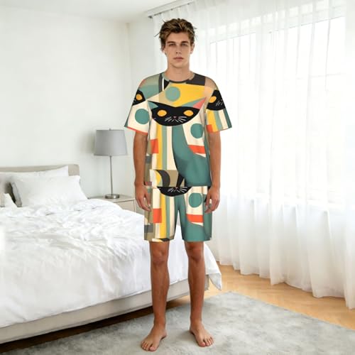 Ensemble de pyjama élégant pour homme en coton premium à motif artistique chat moderne