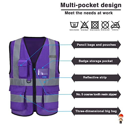 Image of High Visibility Reflective Vest with 7 Pockets, Zipper, Purple, S | Purple S work vest with clear ID holder, mic tabs and reflective strips for material handling and specialty contractors.