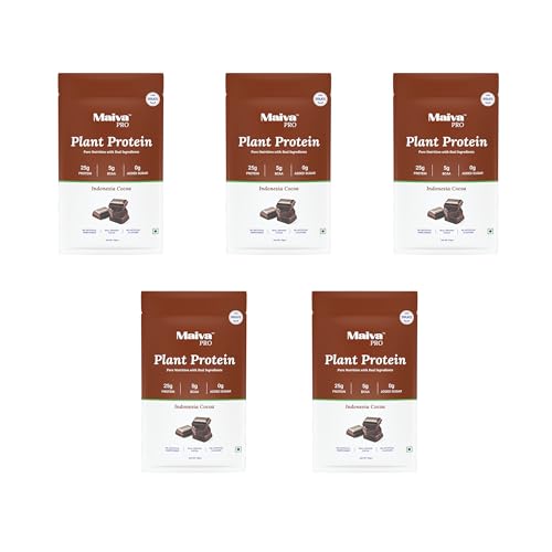 Image of Maiva Pro | Plant Protein Isolate - Indonesian Cocoa - 40gm (Pack of 5) | 25g Protein, 5g BCAA | Essential Amino Acids | Gut Friendly, Easy to Digest | Real Dates | Vegan, Dairy Free, No Preservatives