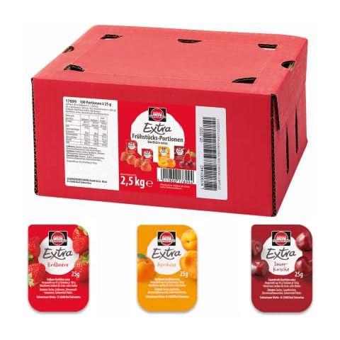 Schwartau Extra Portionen Mix-Box, Konfitüre Portionsschalen (50 x Erdbeere, 25 x Aprikose, 25 x Sauerkirsche), 100 x 25g Cover