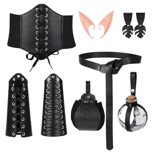 Medieval Fantasy Costume Set (7pcs) - Leather Bracer Elf Ears Knight Belt & More for Cosplay/Renaissance Faires (black One size fits all)