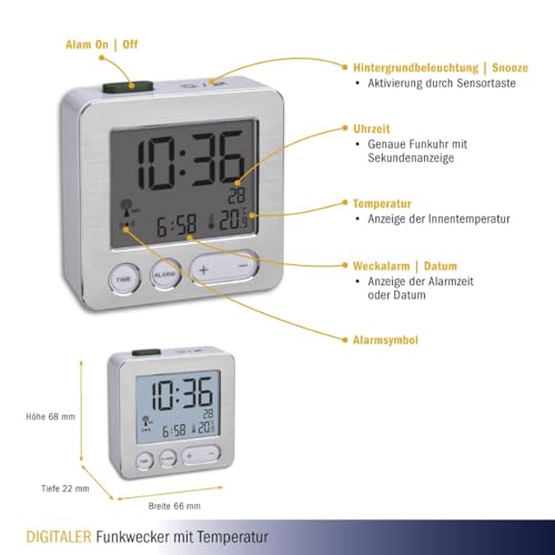 TFA Dostmann 60.2545.54 Digitaler Funk-Wecker, Kunststoff, weiß/Silber, L 66 x B 22 x H 68 mm