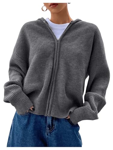 SOLY HUX Zip Up Cardigan for Women Hooded Cardigan Sweater Knitted Drop Shoulder Fall Clothes Winter Hoodies Outerwear Dark Grey Small