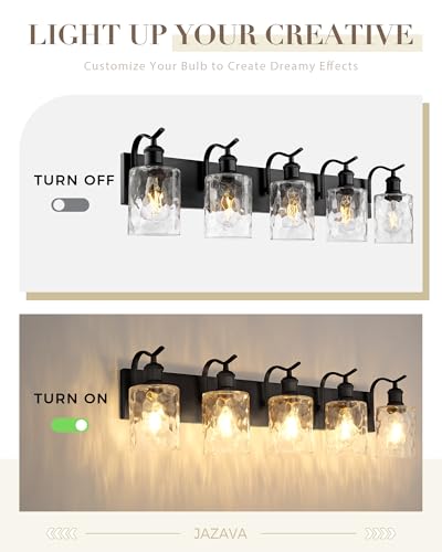 Image of Bathroom Vanity Light Fixtures 5-Light Hammered Glass Modern Wall Mounted Over Mirror Black - VL01BKH-5