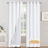 RYB HOME 3-in-1 Noise - Blackout - Thermal Insulation Living Room Window Curtains, Inside Detachable Felt Liner for Noise Reduce / Daytime Sleep / Bedroom, White, Wide 52 x Long 84 in, 1 Pair