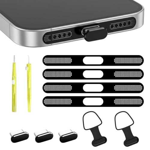 11pcs Kit de limpieza de teléfono compatible con iPhone 17Pro Max/16Pro Max/15 Pro Max, Tapas antipolvo para puerto de carga USB C y altavoz, herramientas de limpieza, accesorios para teléfono (Negra)