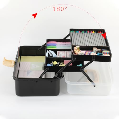 Image of BTSKY 3-Layer Plastic Dividing Storage Box Craft Organizer and Storage | Portable Handled Art Supply Organizer with Adjustable Spacers Multipurpose Home Utility Box for Medicine Sewing(Black+Beige)