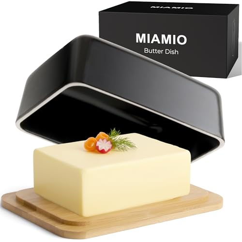 MIAMIO - Butter Dish with Lid for Countertop (620 ml) Ceramic Butter Dishes / Butter Holder and Container with Bamboo Lid, Butter Dish for Refrigerator