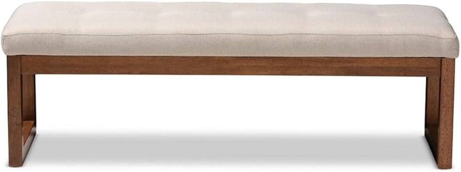 BOWERY HILL Tufted Living Room Bench, Light Beige Upholstered Seat, Walnut Brown Rubberwood Frame, Button-Tufted Design, 52.17 in Wide, Modern Style Entryway or Mudroom Seating