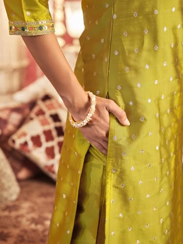 Image of Sanisa Women's Silk Blend Jacquard Straight Kurta with Pant and Dupatta Set