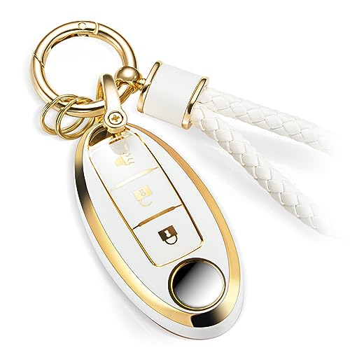 Image of Car Key Fob Cover for Nissan Kicks, White Braided Loop Keychain,