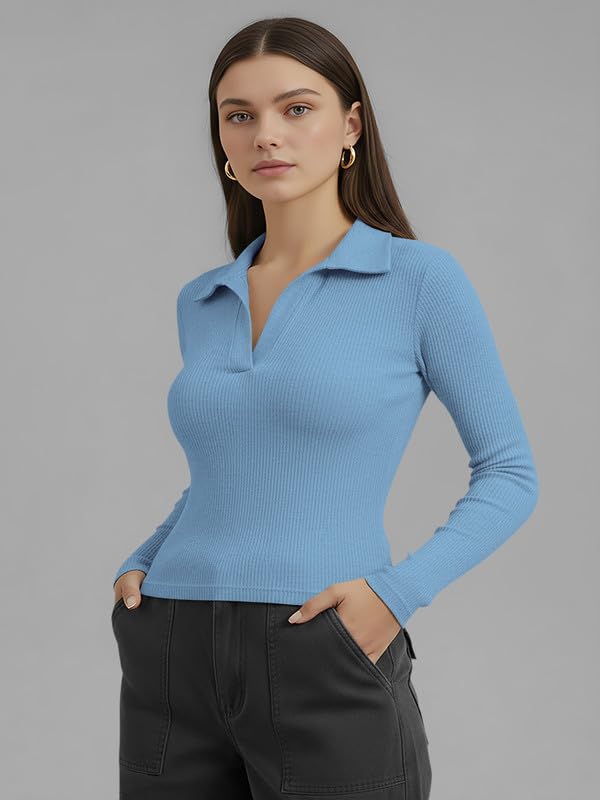 Image of Dream Beauty Fashion Women's Collared Neck Long Sleeve Slim Fit Casual Tee Top for Woman