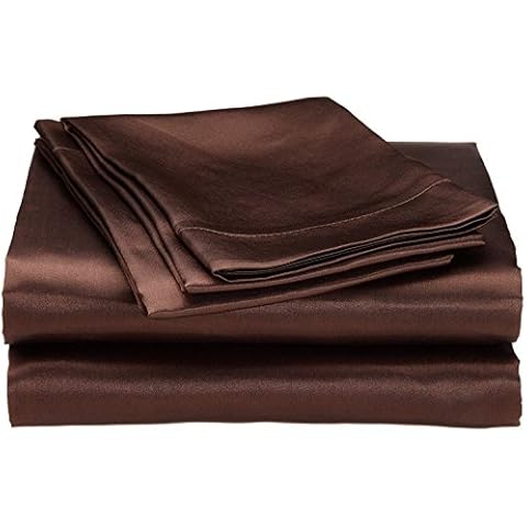 Bedify Bedding 100% Pure Silk Satin Sheet Set 7pcs, Silk Fitted Sheet 15'' Deep Pocket,Silk Flat Sheet,Duvet Cover&Pillowcases |Cool Soft Silk Sheets|Wrinkle Free Fade Resistant| King, Chocolate Cover