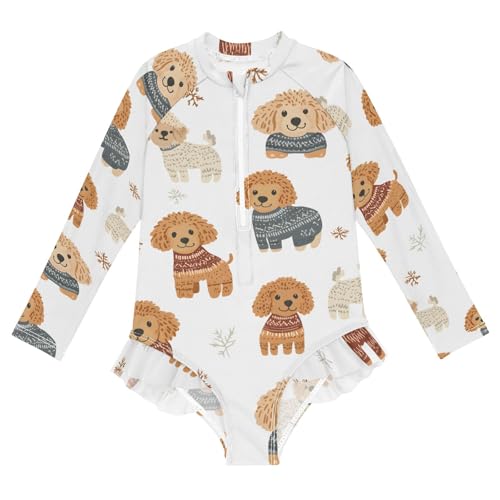ALAZA Toddler Swimsuit Girl Bathing Suit Swimwear Rash Guard Brown Poodle Dogs Long Sleeve 3T