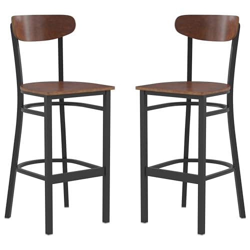 Image of Flash Furniture Wright 2 Pack Commercial Barstools - Walnut Finish Wood Seat and Boomerang Back - 500 LB. Capacity Black Steel Frame - Integrated Footrest