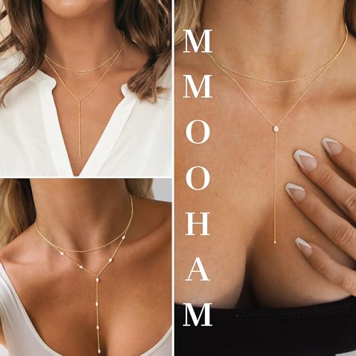 M MOOHAM Gold Lariat Necklace for Women - Dainty 14K Gold Plated Y-Shaped Long Drop Necklace Pearl Cross Clover Butterfly Cubic Zirconia Charm Layered Necklaces for Women Simple Jewelry Gifts4