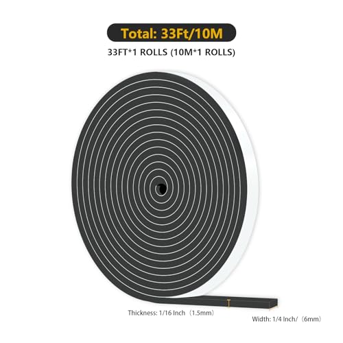 Image of Weather Stripping Door Seal,High Density CR,1 /4 in x 1 /16 in x 33Ft | Door Weather Stripping,Strong Adhesive, Weatherproof, Reduce Noise,Foam Insulation Tape for Doors and Windows,Black
