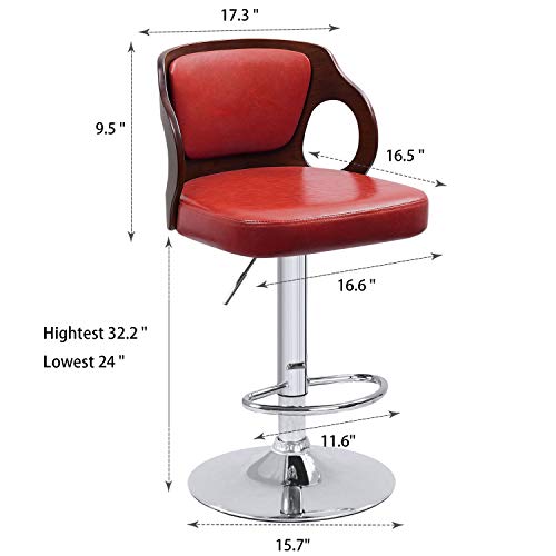 Homall Bar Stools Walnut Bentwood Adjustable Height Leather Modern Barstools With Back Vinyl Seat Extremely Comfy Bar Stool 1 Piece (Red) #TOP2