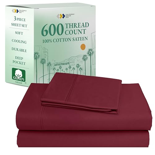 California Design Den 100% Cotton Twin Sheets Set - Luxury 600 Thread Count, Sateen Weave, Cooling Deep Pocket Sheets Twin Size Bed Set, Hotel Quality Silky Sheets - Brick Red