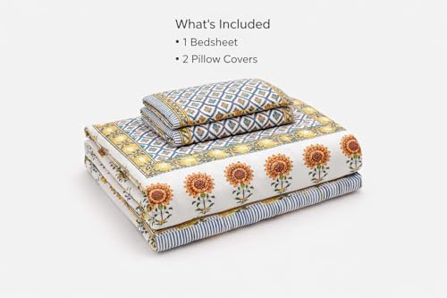 Image of elanorhomes 100% Cotton King Size Bedsheet for Double Bed, 240 TC Soft Breathable Floral Printed Bed Sheet with 2 Pillow Covers, Premium Summer Cotton Bedsheet, 90x108 inch (Sunset Motif)