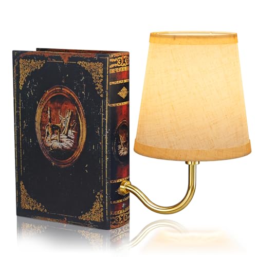 FUNTAPHANTA Gold Warm Light Vintage Bookshelf Lamp Rechargeable Cordless Bookcase Lamp with Linen Shade Dimmable Touch Control Table Lamp Modern Decorative Bookend Bookshelf Lights for Office Home