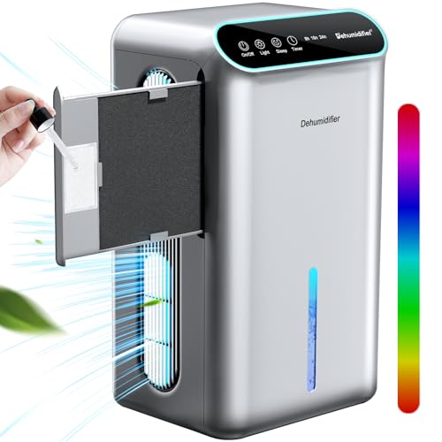 Image of Dehumidifiers for Home, Up to 800 Sq.ft, 86oz Water Tank, LOMMOL Dehumidifier for Bedroom with Essential Oil Diffuser, 7 Color LED Light, 24H Timer, Auto Shut-off, Ideal for Bathroom RV, Space Grey, 1
