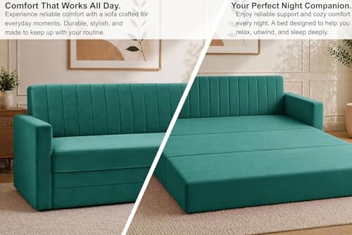 Image of Modern Velvet 3 Seater Sofa Cum Bed with Armrest, Convertible Sleeper Couch Sofa for Living Room, Bedroom & Office - Green Color