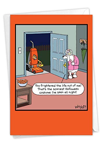 NobleWorks - Happy Halloween Card Funny - Fun Cartoon Humor, Spooky Greeting Notecard with Envelope - Vacuum Dog C3410HWG