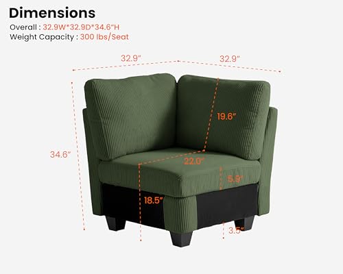 Image of CHIC HOUSE Modular Sectional Sofa with Storage Ottomans, Corduroy Cloud Couch for Small Spaces & Apartments, Reconfigurable L /U Shaped Convertible Corner Sofa, Green, Corner