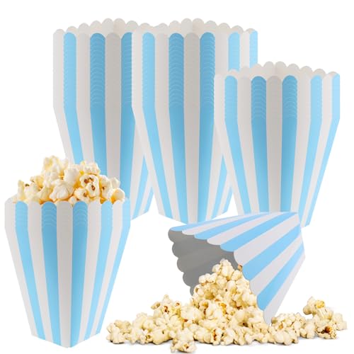 Image of 50 Pcs Popcorn Boxes Mini Paper Popcorn Box Cardboard Popcorn Container for Party Disposable Snack Candy Popcorn Bags Popcorn Holder for Movie Nights Birthday Wedding (Light blue,White)