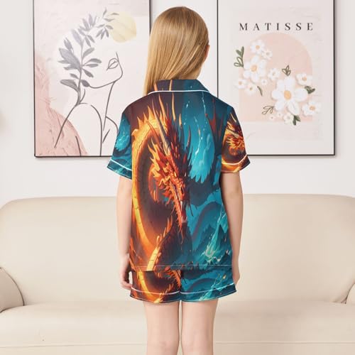 ALAZA Dragon Water Blue Animal Satin Pajamas Set Short Sleeve Button Down Sleepwear Summer Pjs 2 Piece4