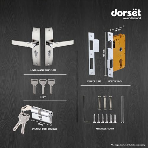Image of Dorset Zovi Door Handle on Plate 8 inch | Both Side Key Lock | 60mm Cylinder | Mortise Lockset for Home, Office, and Hotels, Silver | HLZOVSC
