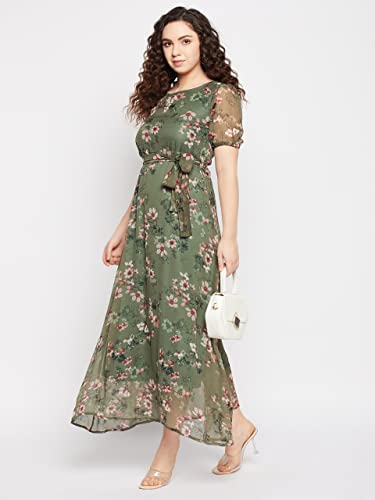 Image of SEREIN Fashfun Women's Maxi Dress (Green Floral Printed Chiffon Dress with Short Puff Sleeve)