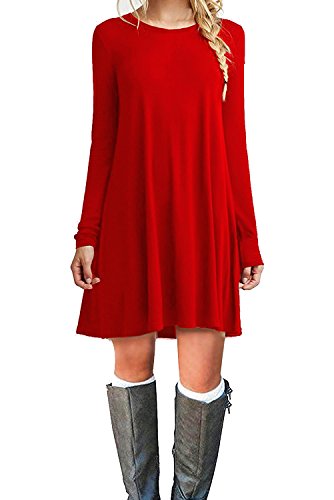 MOLERANI Women's Casual Plain Simple T-Shirt Loose Dress (M, Red2)