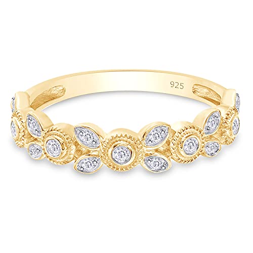 1/10 Carat Round Cut White Natural Diamond Vintage Flower Stackable Wedding Band Ring In 14k Gold Plated 925 Sterling Silver Jewelry (Clarity : I2-I3, Color : I-J, 0.10 Cttw)2