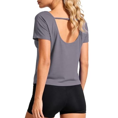 Totatuit Womens Open Back Workout Tops Cap Short Sleeve Cotton Cropped Tee Loose Yoga Athletic Shirts Gym Crop T-Shirts Grey