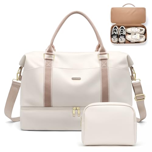 46L Bolsas de Fin de Semana para Mujer, Bolsa de Viaje con Neceser, Zapato y Compartimento Húmedo, Bolsa Gimnasio Bolso Maternidad Hospital (Blanquecino)