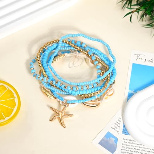 Image of 7 Pack Boho Beaded Shell Anklet Bracelets for Women Colorful Stretch Cowrie Seashell Starfish Ankle Bracelet Stack Adjustable Summer Beach Accessories Cute Hawaiian Jewelry
