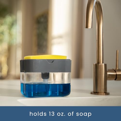S&T INC. Dish Soap Dispenser and Sponge Holder for Kitchen Sink, Sponge Included, 13 Ounces, Grey