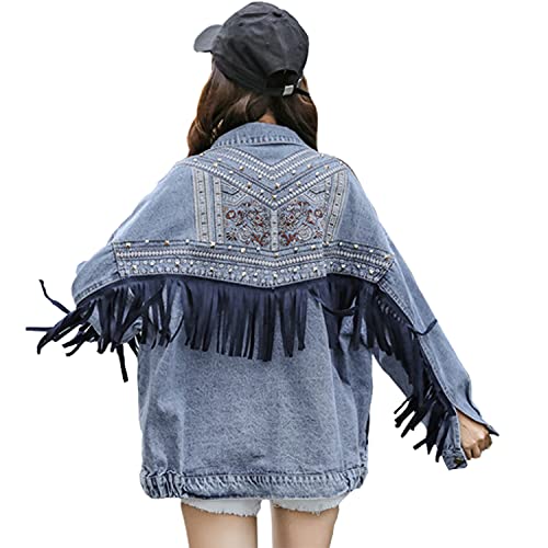 Saukiee Chaqueta de mezclilla de gran tamaño con aspecto desgastado para novio Jean Coat Jeans Trucker Jacket para mujeres y niñas - azul - S