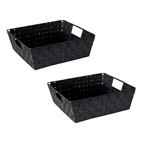 Image of Simplify Large Shelf Woven Strap Tote | Decorative Storage Basket | Built in Handles | Organization | Closet | Bedroom | Bathroom | Nursery | Accessories | Toys | Gifts | 2 Pack | Black