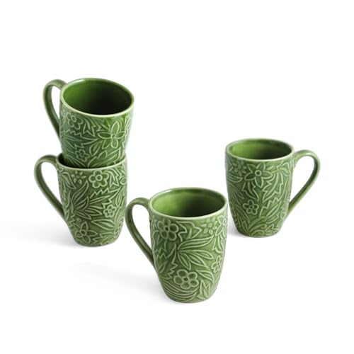 Image of ExclusiveLane 'Green Flora' Ceramic Coffee Mugs Set of 4 (Set of 4, 290 ml, Microwave and Dishwasher Safe, Hand-Embossed) | Ceramic Coffee Mug Coffee Cup Set of 4 Tea Mugs Set Tea Cups Ceramic Mugs