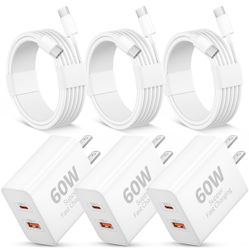 Image of 3 Pack 60W USB C Fast Charger for iPhone 17 /17 Pro Max /Air /17e /16 /16 Pro /15 /15 Pro Max /Plus, iPad Pro 13 /12.9 /11 inch, Air 5 /4, Mini 6 /5, 60W Type C Wall Charger Fast Charging Block + 3FT USB C Cable